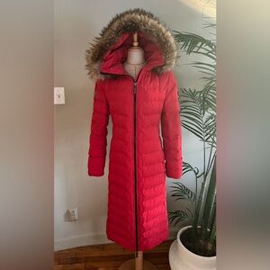 Superdry Bright Red Arctic Long Puffer Jacket with Fur Hood | Size 4